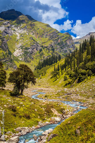 Scenic vertical landscape view of the mountain river. The beautiful river flowing between alpine meadows in the lap of Himalaya, Parvati valley, trek to Hamta Pass, 4270 m in Himachal Pradesh, India.