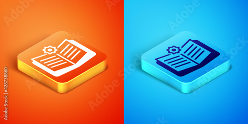 Isometric Holy book of Koran icon isolated on orange and blue background. Muslim holiday, Eid Mubarak, Eid al-fitr, Ramadan Kareem. Vector
