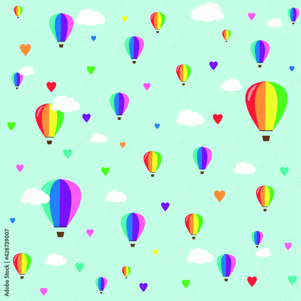 bright pattern with balloons and clouds on the sky background for printing on fabric and paper