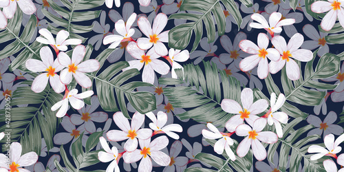 Seamless pattern floral with frangipani flowers and palm leaves abstract background.Vector illustration hand drawn.For fabric fashion print design or product packaging.