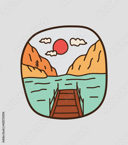 view of a wooden dock on the beach with a hill behind it on the cloudy day for T-shirt Design, Patch emblem badge design