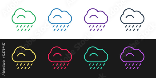 Set line Cloud with rain icon isolated on black and white background. Rain cloud precipitation with rain drops. Vector Illustration