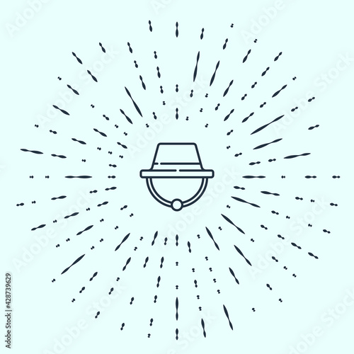 Black line Camping hat icon isolated on grey background. Beach hat panama. Explorer travelers hat for hunting, hiking, tourism. Abstract circle random dots. Vector Illustration
