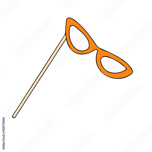 Vector glasses in the style of doodle on a stick for festive photo shoots. Glasses with black outline in almond shape.