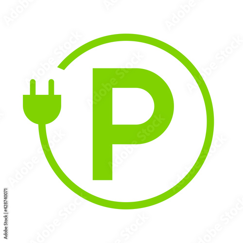 Letter P with plug icon, Green electric vehicle parking sign, Electric car charging point, Parking space for Eco friendly hybrid cars, Vector illustration