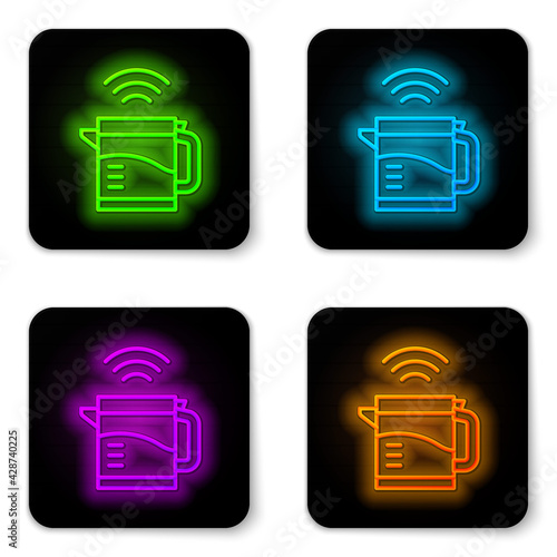 Glowing neon line Smart electric kettle system icon isolated on white background. Teapot icon. Internet of things concept with wireless connection. Black square button. Vector