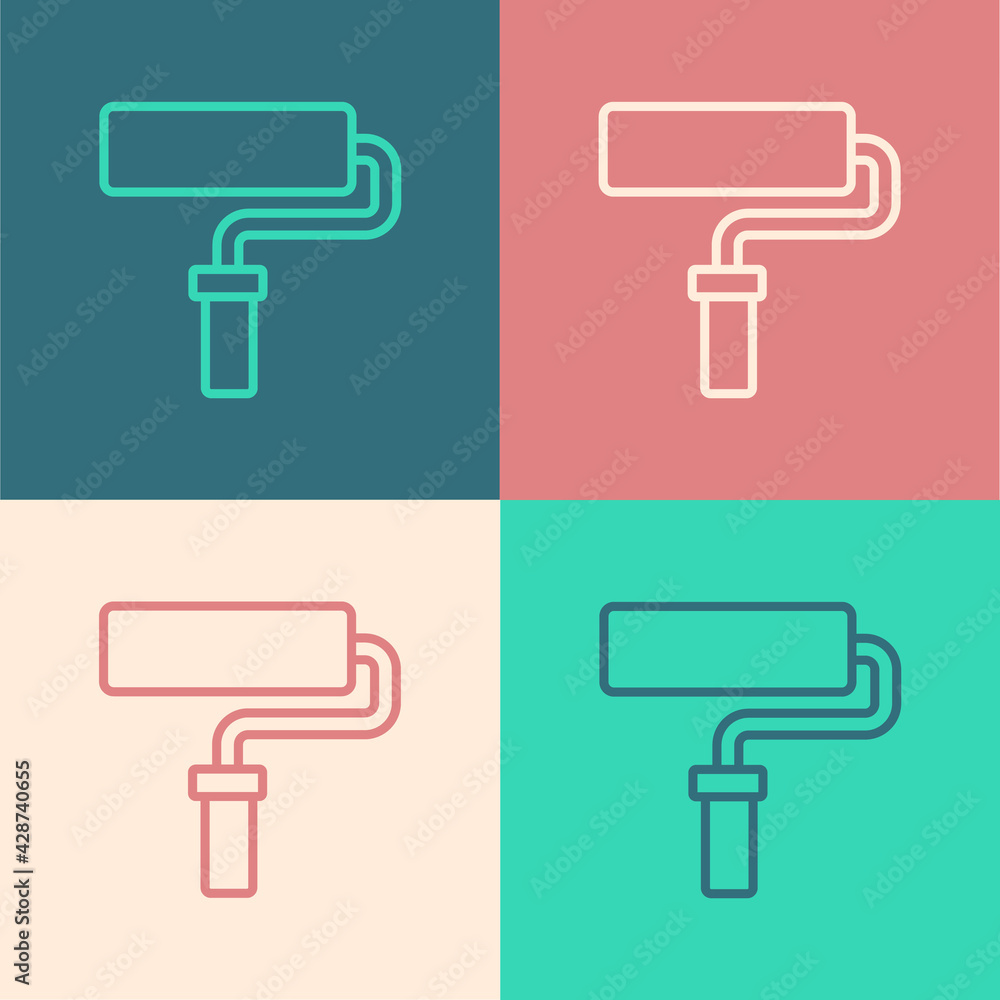 Pop art line Paint roller brush icon isolated on color background. Vector Pop art line Paint roller brush icon isolated on color background. Vector