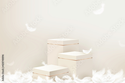 3D step podium mockup with feathers on beige color background for cosmetic and product display, vector illustration