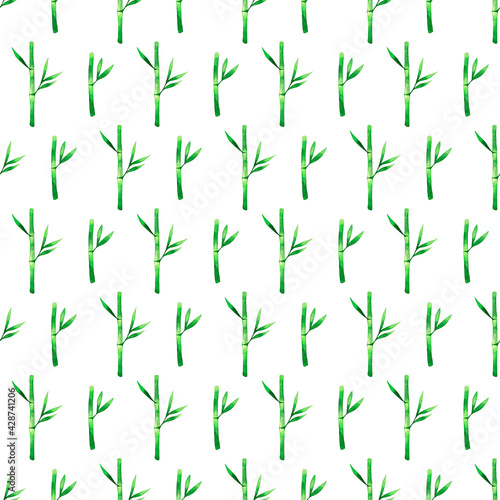 Bamboo branches and leaves watercolor semless pattern. Nature tropics greenery background
