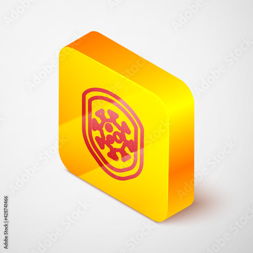 Isometric line Shield protecting from virus, germs and bacteria icon isolated on grey background. Immune system concept. Corona virus 2019-nCoV. Yellow square button. Vector.