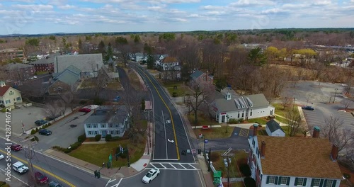 Chelmsford historic town center aerial view on Billerica Road and Town Hall in spring, Chelmsford, Massachusetts, MA, USA. photo