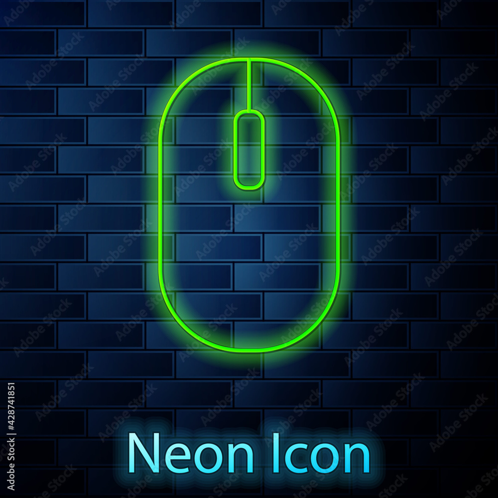 Glowing neon Computer mouse icon isolated on brick wall background. Optical with wheel symbol. Vector Glowing neon Computer mouse icon isolated on brick wall background. Optical with wheel symbol. Vector