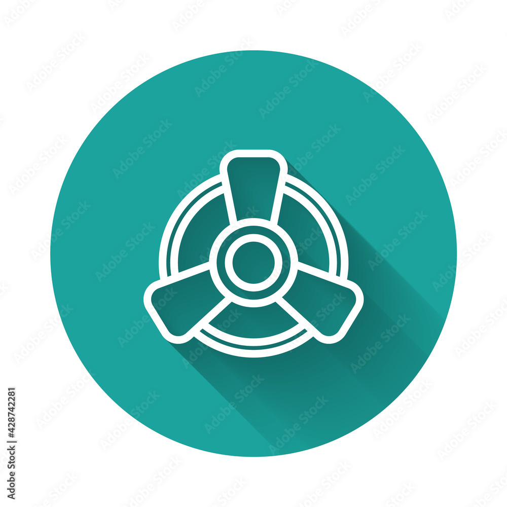 White line Car motor ventilator icon isolated with long shadow. Green circle button. Vector White line Car motor ventilator icon isolated with long shadow. Green circle button. Vector