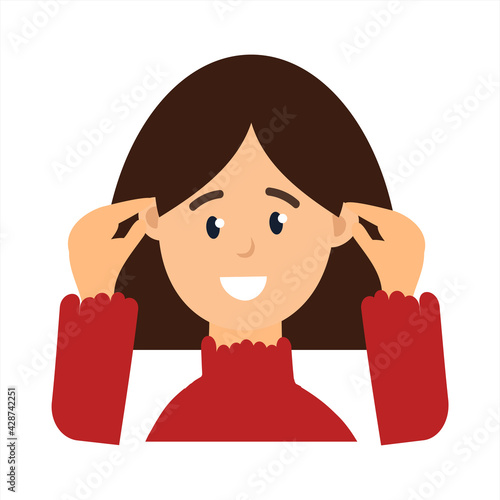 Vector flat illustration with a girl who is massaging her ears. Illustration of a young girl. Suitable for magazine article or massage instructions