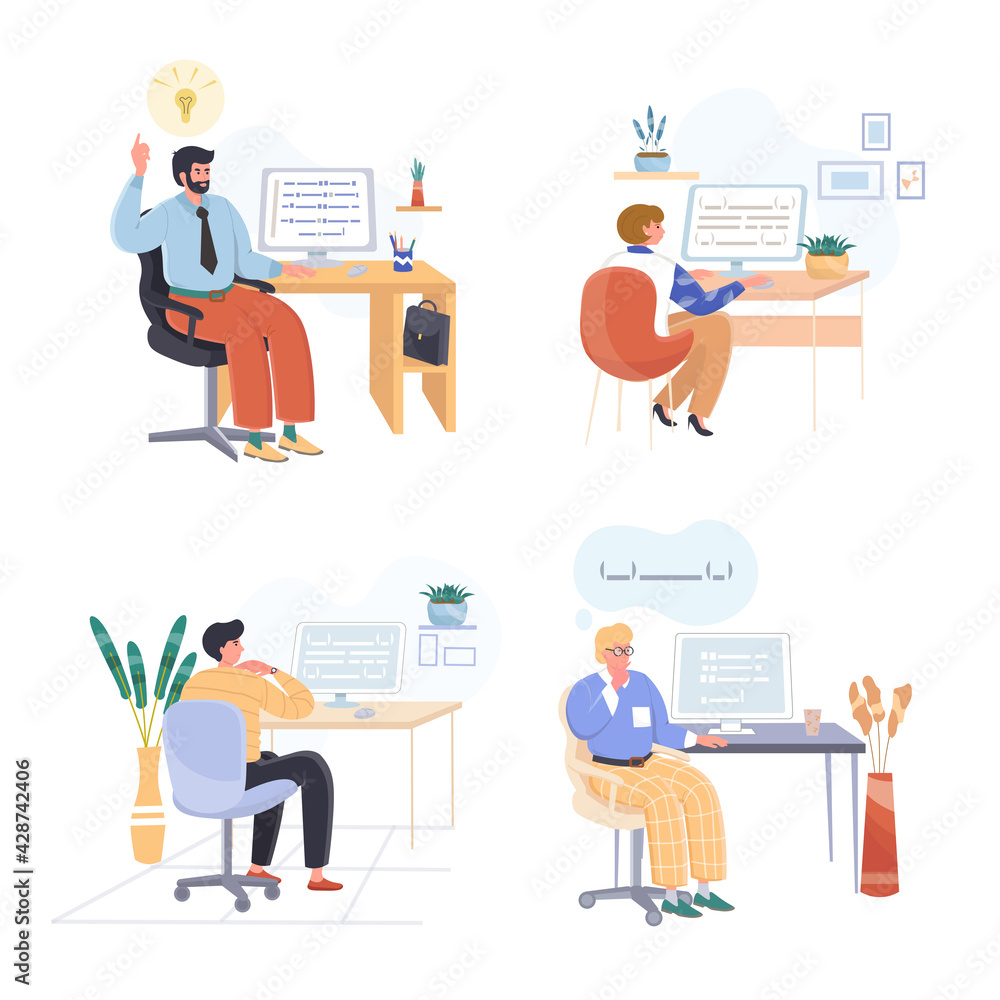 Programming working concept scenes set. Coders or programmers coding on computers, writing program. Office workplaces. Collection of people activities. Vector illustration of characters in flat design