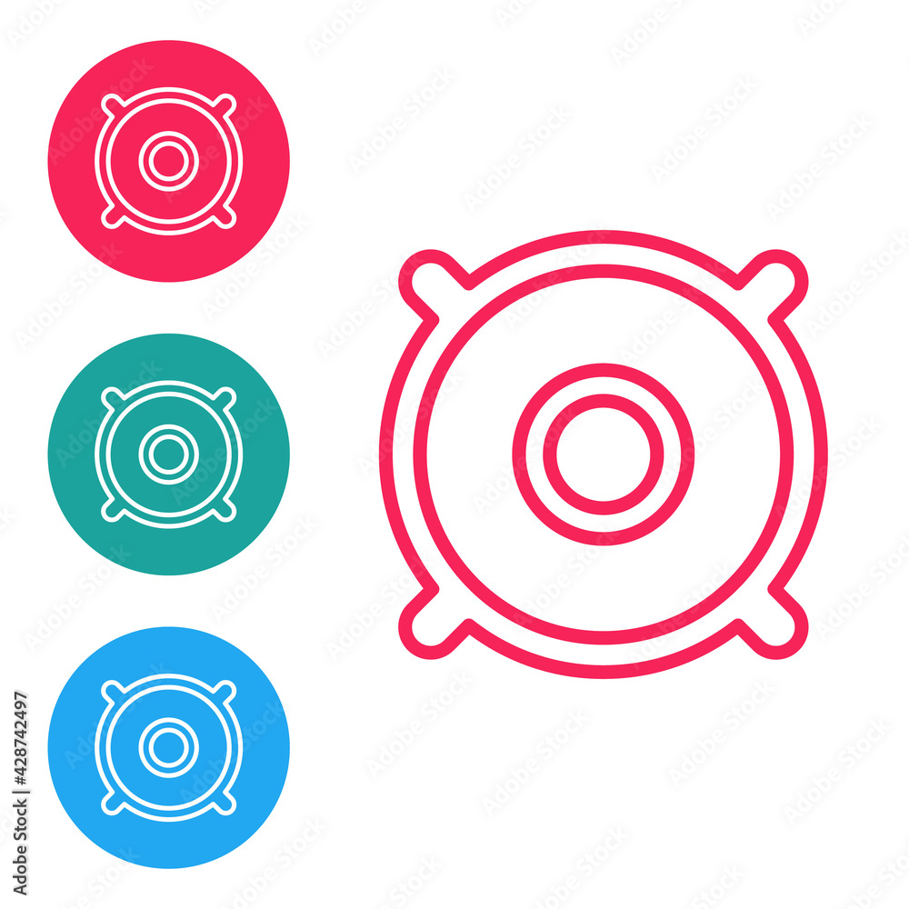 Red line Car audio speaker icon isolated on white background. Set icons in circle buttons. Vector Red line Car audio speaker icon isolated on white background. Set icons in circle buttons. Vector