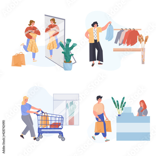 Shopping concept scenes set. Customers buy clothes in store, woman tries on new dress, man pays purchases at checkout. Collection of people activities. Vector illustration of characters in flat design