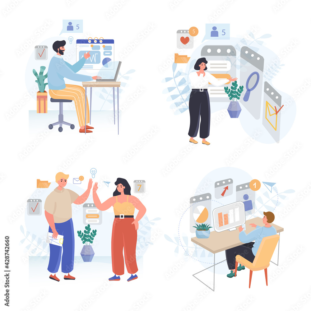 Business process concept scenes set. Analysts research statistics, company analytics, management, marketing strategy. Collection of people activities. Vector illustration of characters in flat design