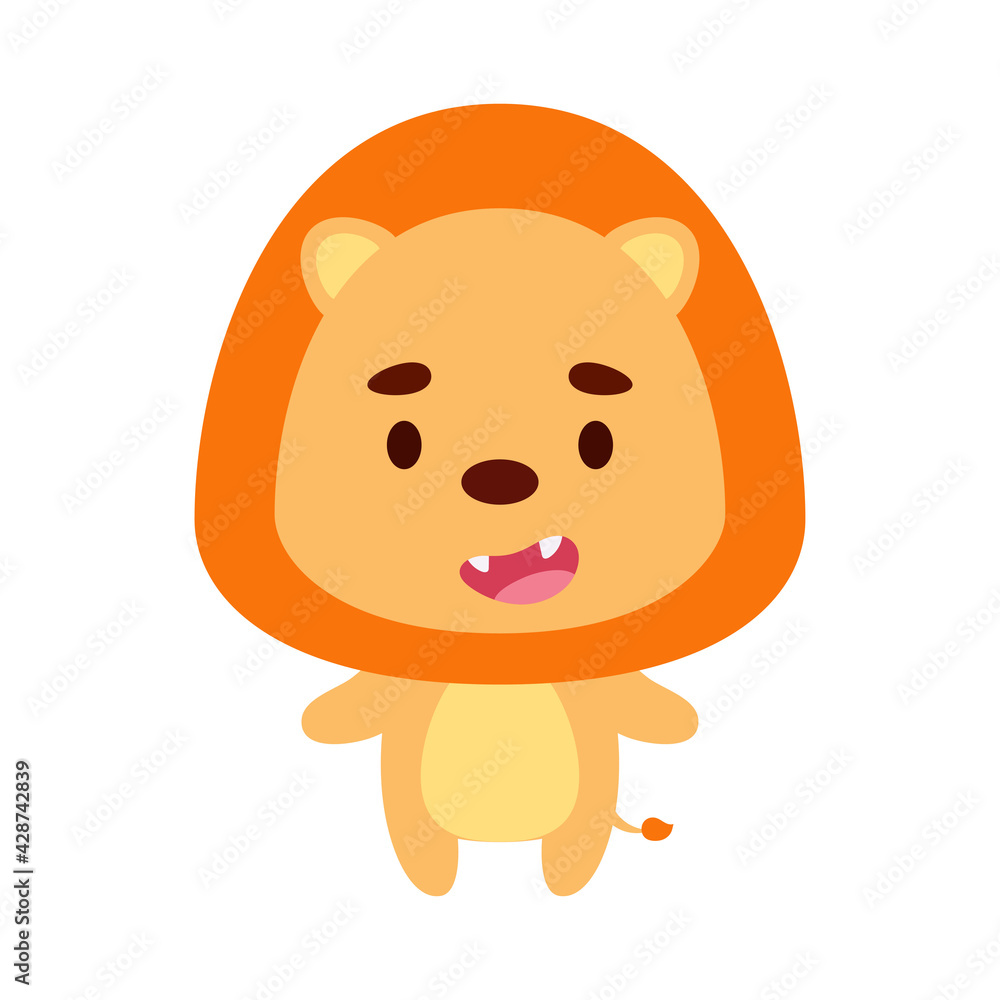 Cute little lion on white background. Cartoon animal character for kids cards, baby shower, birthday invitation, house interior. Bright colored childish vector illustration. Cute little lion on white background. Cartoon animal character for kids cards, baby shower, birthday invitation, house interior. Bright colored childish vector illustration.