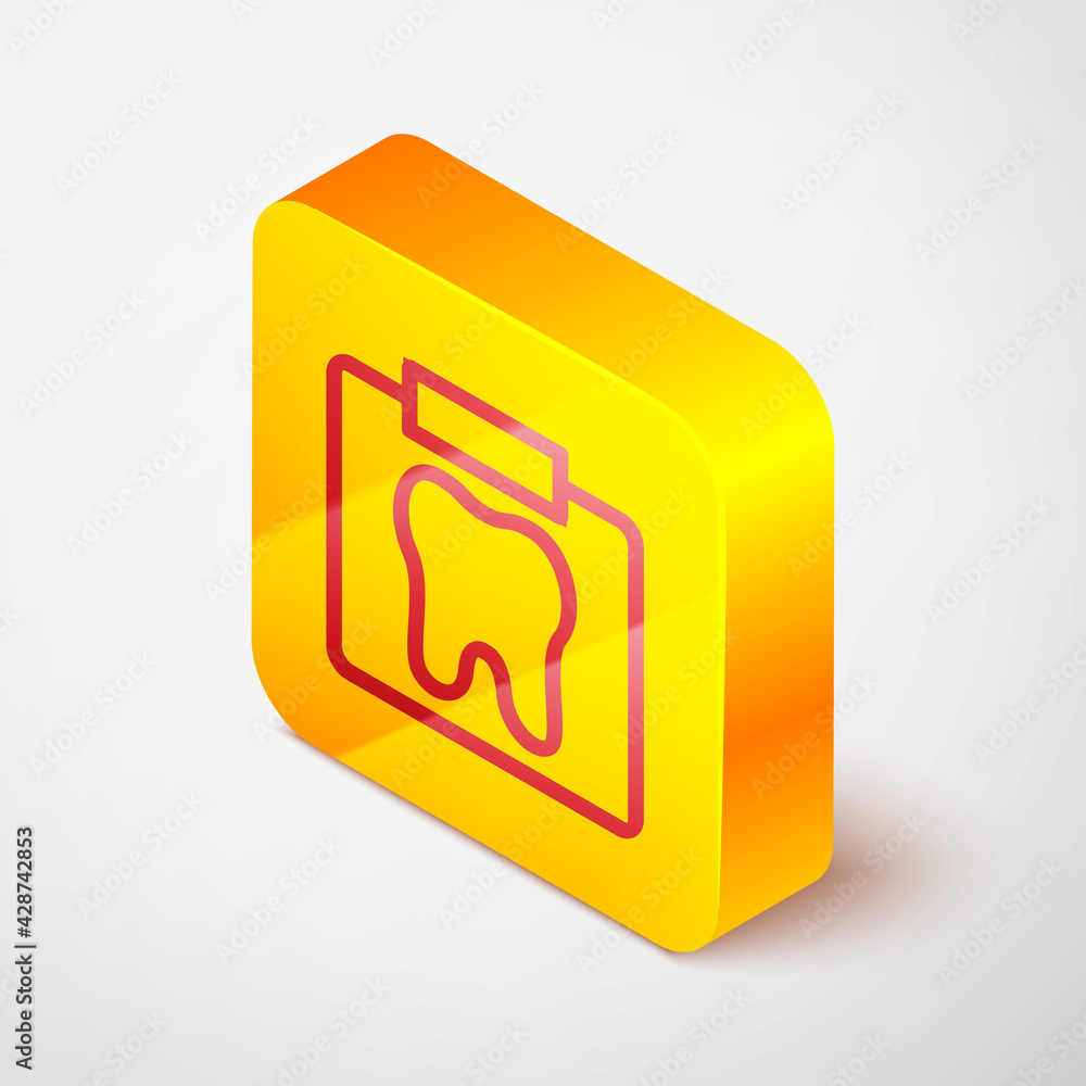 Isometric line X-ray of tooth icon isolated on grey background. Dental x-ray. Radiology image. Yellow square button. Vector Isometric line X-ray of tooth icon isolated on grey background. Dental x-ray. Radiology image. Yellow square button. Vector