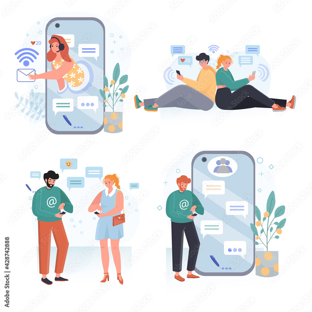 Social network concept scenes set. Man and woman chatting online, sending messages, members in Internet community. Collection of people activities. Vector illustration of characters in flat design Social network concept scenes set. Man and woman chatting online, sending messages, members in Internet community. Collection of people activities. Vector illustration of characters in flat design