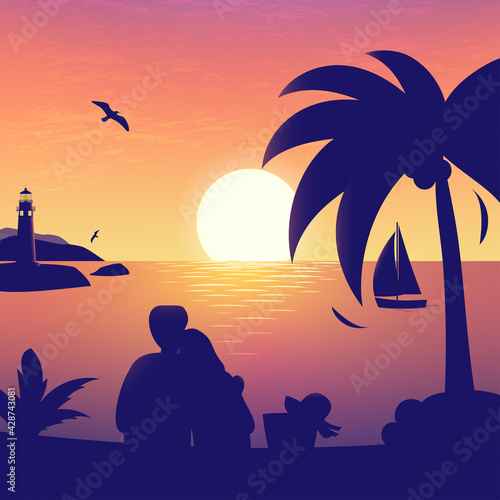 Nature sea romantic illustration of sunset or sunrise in the sea with beloved couple silhouette, shining sun, red sky, palm tree, rocks, sail vessel and lighthouse. Vector