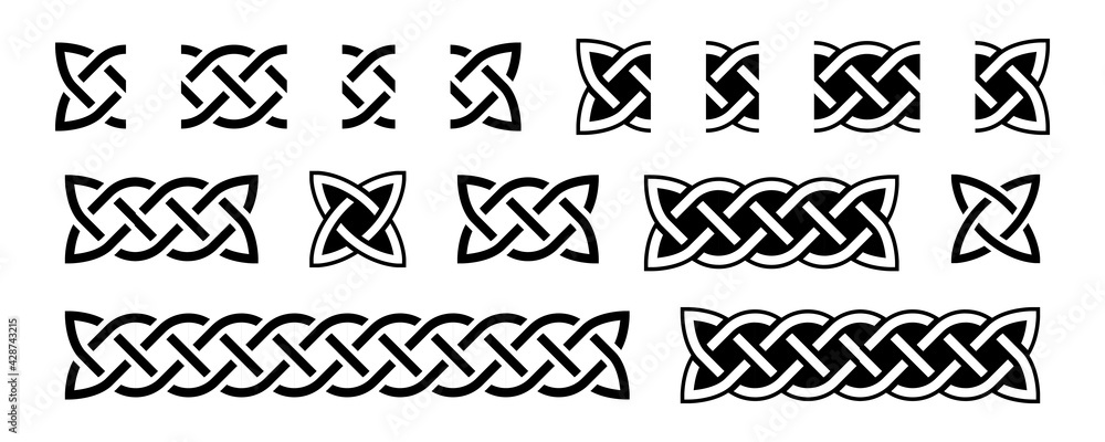 Plakat Celtic borders and knots. Traditional celtic ornament element, repear seamless pattern blocks. Braided black and white design for frame decoration. Vector illustration