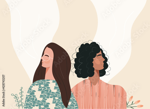 Deep breath of young boho diverse women. Beautiful face with closed eyes practicing yoga breath meditation feels calmness. Modern illustration by female beauty and mental femininity, feminism