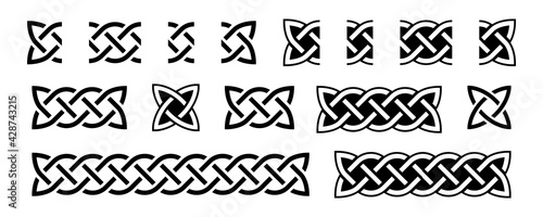 Celtic borders and knots. Traditional celtic ornament element, repear seamless pattern blocks. Braided black and white design for frame decoration. Vector illustration photo