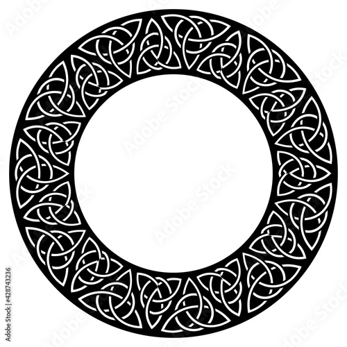 Circular decorative border with celtic pattern. Black and white ornament with medieval triquetra symbols. Traditional celtic triple motives. Vector illustration