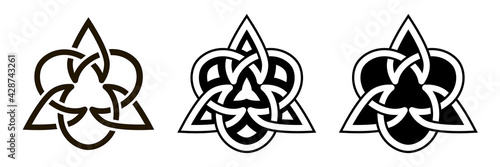Set of celtic knots, triangular icons.  Traditional celtic ornament elements isolated, trinity symbol  design, black and white signs. Vector illustration