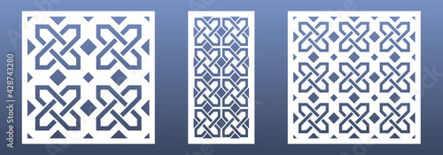 CNC laser cut panels with abstract geometric pattern.  Ornament with celtic  knots and motives. Room screens, wall art, card background.  Vector illustration