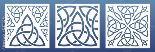 CNC laser cutpanels with abstract geometric pattern.  Ornament with celtic  knts and motives. Room screens, wall art, card background. Vector illustration