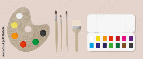 Illustration of painter's palette, various brushes and watercolor paints. Flat style vector set illustration of artist's equipment.