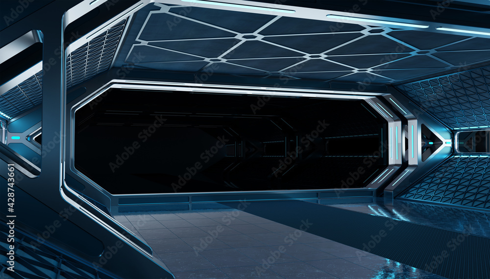 Fototapeta premium Dark blue spaceship futuristic interior mockup with window 3d rendering