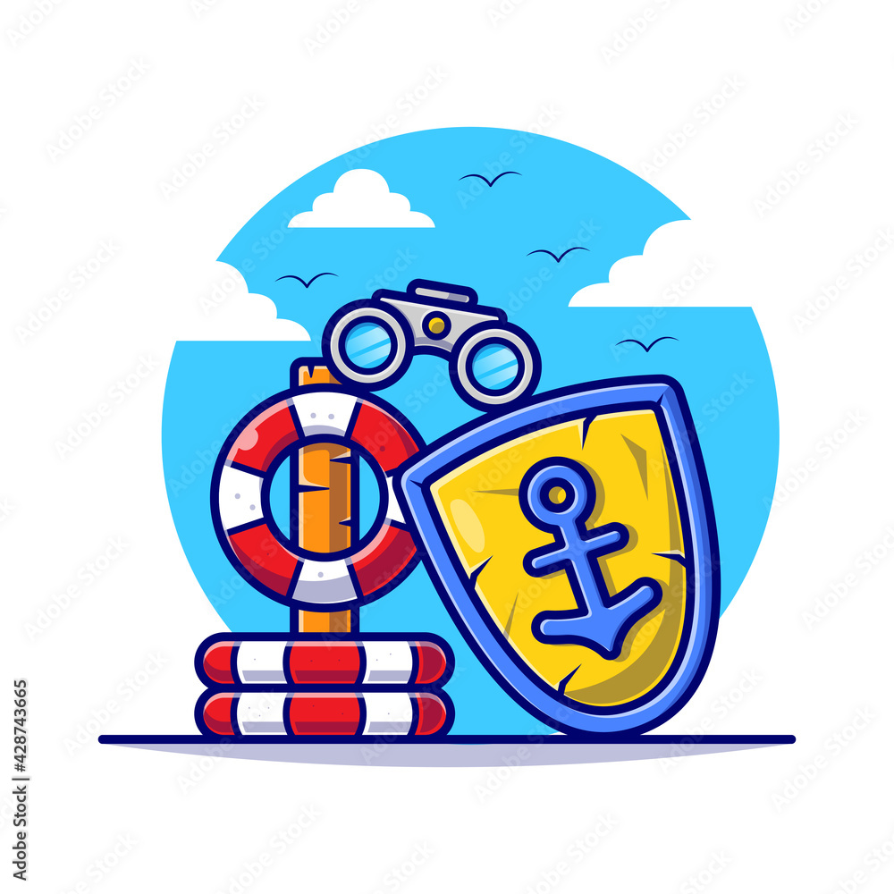 Buoy with binoculars and anchor for safety in summer cartoon flat illustration. Summer in beach concept flat cartoon style. Buoy with binoculars and anchor for safety in summer cartoon flat illustration. Summer in beach concept flat cartoon style.