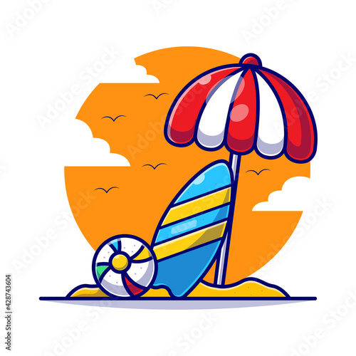 Volleyball with surfing board and umbrella in summer cartoon flat illustration. Summer in beach concept flat cartoon style.