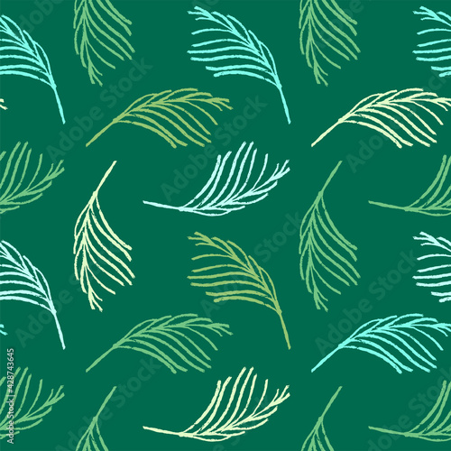 Green leaf pattern seamless. Floral background with palm leaves ornament. Vector seamless pattern design. Floral graphics concept for tropical spa, beauty studio banner, botanical textile backdrop.