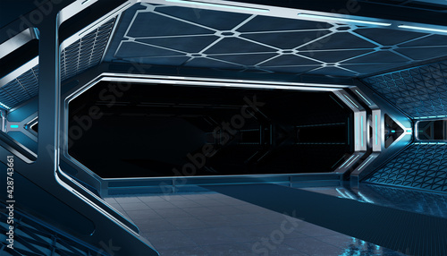 Fototapeta Naklejka Na Ścianę i Meble -  Dark blue spaceship futuristic interior mockup with window 3d rendering