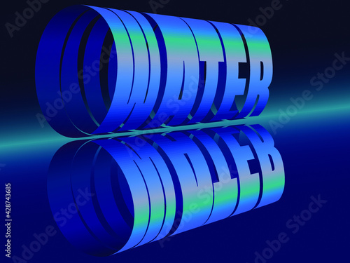 vector illustration depicting the stylized word water in the form of a cylinder in blue tones and with reflection on a mirror surface