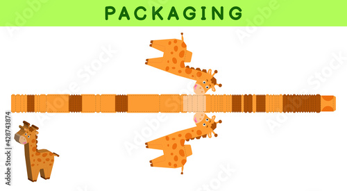 Party favor box die cut giraffe design for sweets, candies, small presents, bakery. Package template, great design for any purposes, birthdays, baby showers, pinata. Vector stock illustration.