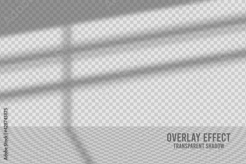 Shadow overlay effect. Transparent overlay shadow from the window and jalousie at wall and floor. Realistic soft light effect of shadows and natural lightning on transparent background. Vector.