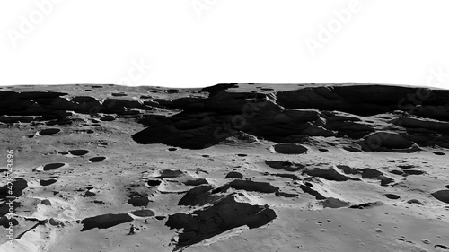 Moon surface, lunar landscape with impact crater isolated on white background
