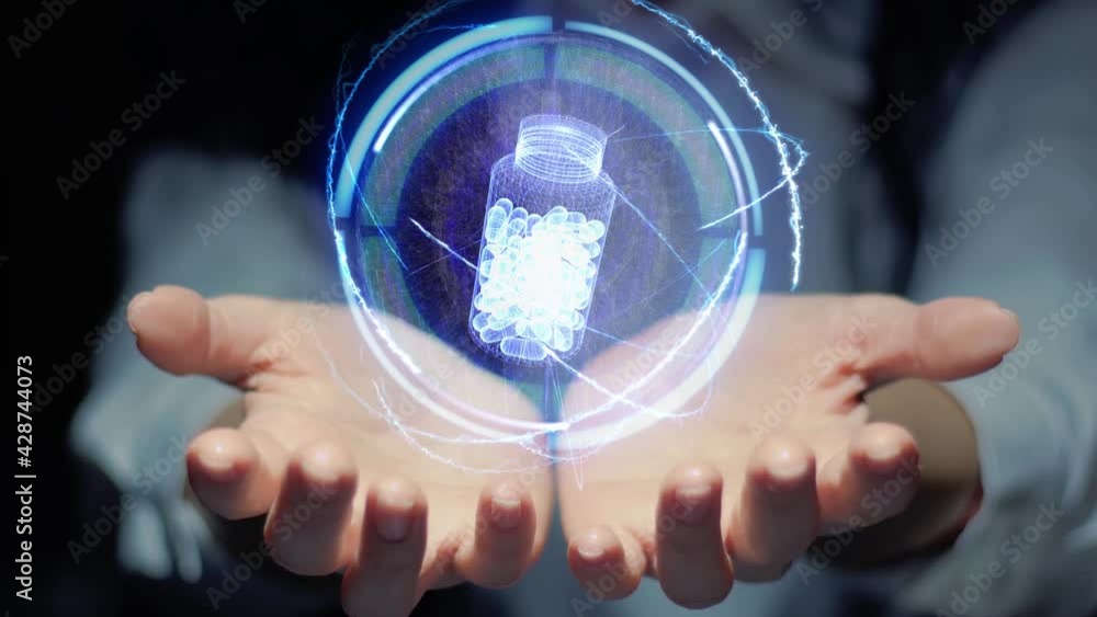 Female hands show a round conceptual hologram with rotating drugs in bottle. Unrecognizable woman in ashen white on a black background with future holographic technology Female hands show a round conceptual hologram with rotating drugs in bottle. Unrecognizable woman in ashen white on a black background with future holographic technology
