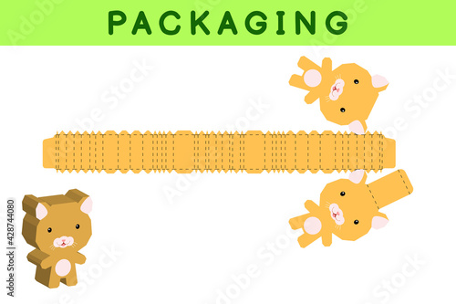 Party favor box die cut hamster design for sweets, candies, small presents, bakery. Package template, great design for any purposes, birthdays, baby showers, pinata. Vector stock illustration.