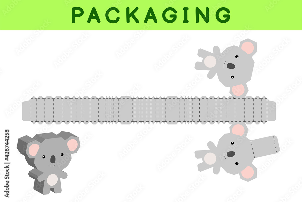Obraz premium Party favor box die cut koala design for sweets, candies, small presents, bakery. Package template, great design for any purposes, birthdays, baby showers, pinata. Vector stock illustration.