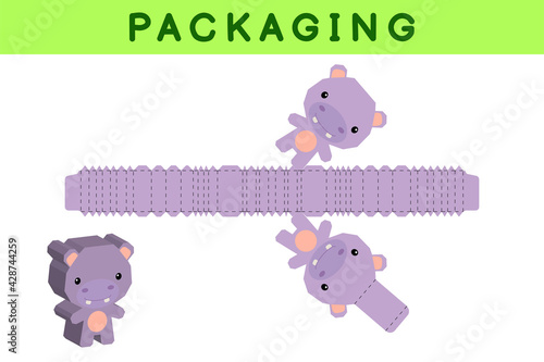 Party favor box die cut hippo design for sweets, candies, small presents, bakery. Package template, great design for any purposes, birthdays, baby showers, pinata. Vector stock illustration.