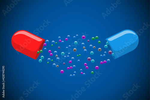 Medical capsule pill open with many colorful molecules on blue background. Medicine drug vitamin improve health concept. Red and blue pharmaceutical antibiotic halves structure with particles eps