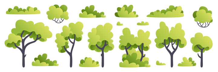 Gardinen Kinderzimmer Bäume eingestellt. Pflanzen isoliert. Wald Hintergrund. Grüne Farbe. Einfaches süßes Cartoon-Design. Flache Artvektorillustration. Natur und gesunder Lebensstil. Baumsilhouette. Sammlung von Symbolen.  © Ihor