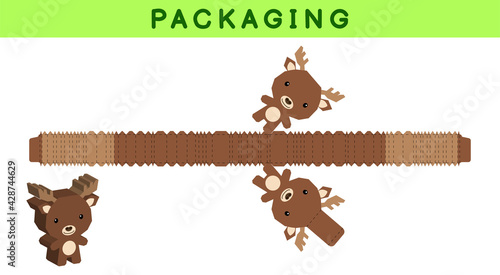 Party favor box die cut moose design for sweets, candies, small presents, bakery. Package template, great design for any purposes, birthdays, baby showers, pinata. Vector stock illustration.